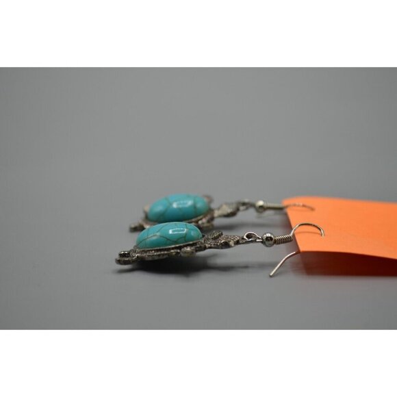 Silver Turtle Dangle Drop Earrings Turquoise Tortoise Stone 2 Inch Pre-Owned - Picture 5 of 5